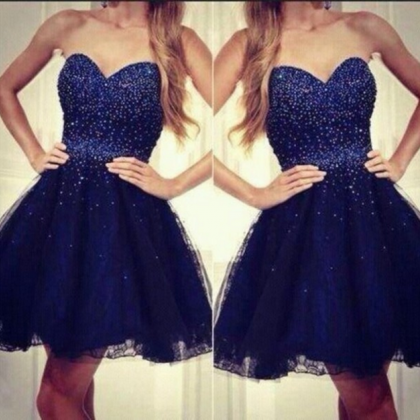 Short Navy Blue Sweetheart Neckline Prom Dresses..