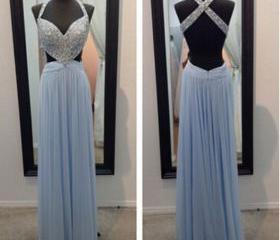 Noble high neck sleeveless a-line 100D-chiffen prom dresses with beads