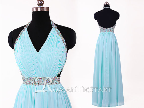 A Line Deep V Neck Blue Chiffon Sequins Sleeveless Prom Dresses LBQ2397