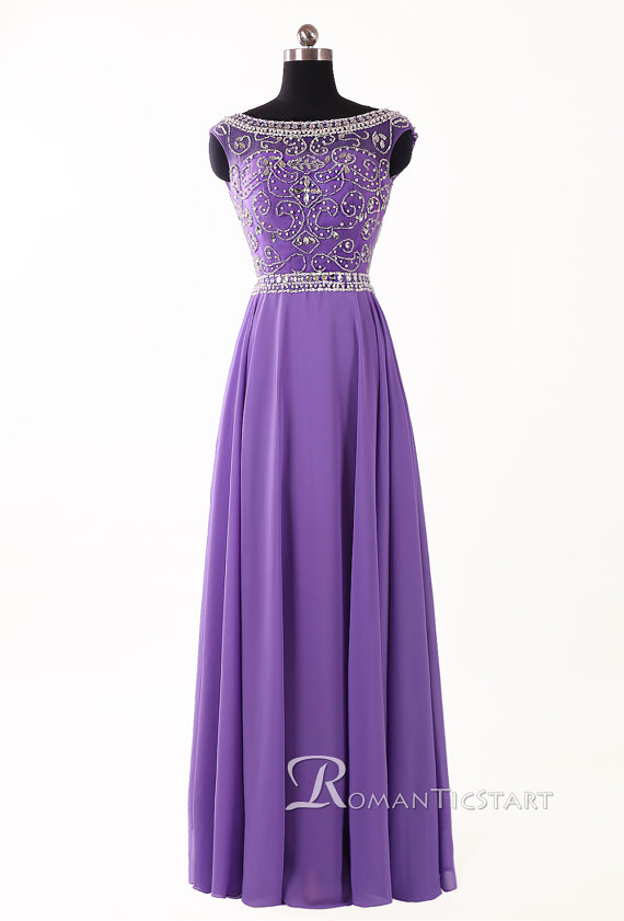 2015 Puple Long Backless Chiffon Prom Dress With Beadings,bateau Long ...