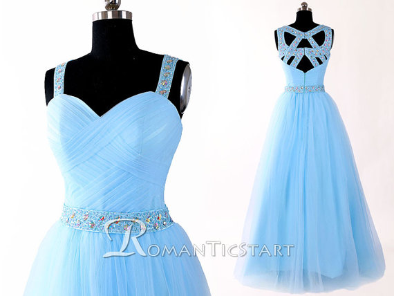 2015 Sky Blue Floor-length Prom Dress With Sequins,evening Dress With Criss Cross Straps, Tulle Long Prom Dresses,formal Dress