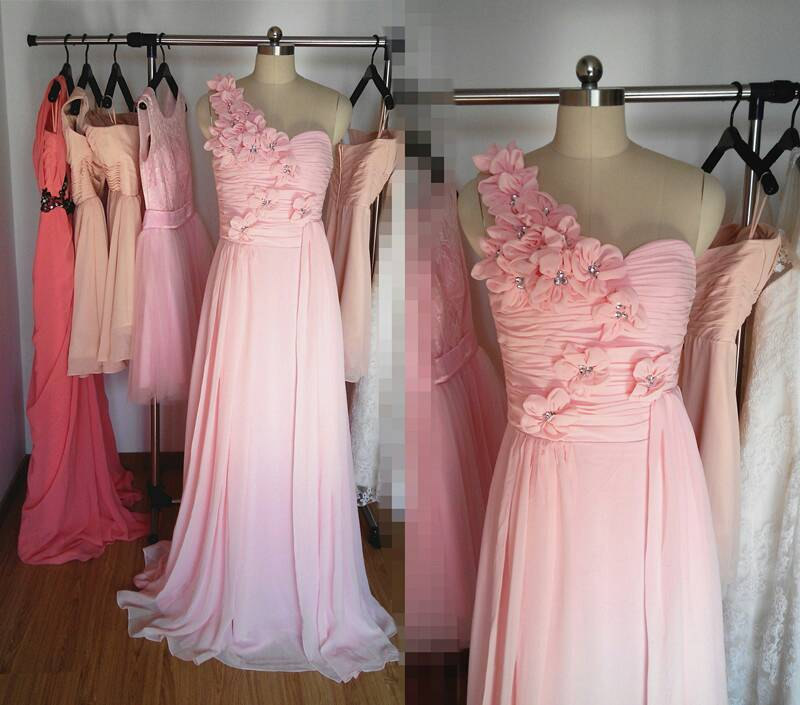 Baby Pink One Shoulder Long Bridesmaid Dress/wedding Party Dresses/evening Dress/prom Dress/maxi Dress/formal Dress 2015