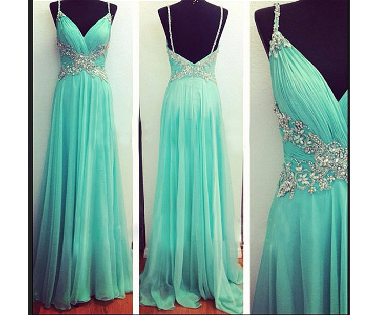 V-neck Prom Dresses Beaded Prom Dress 2015 Second Killed Chiffon Party Gown Floor Length Evening Gowns