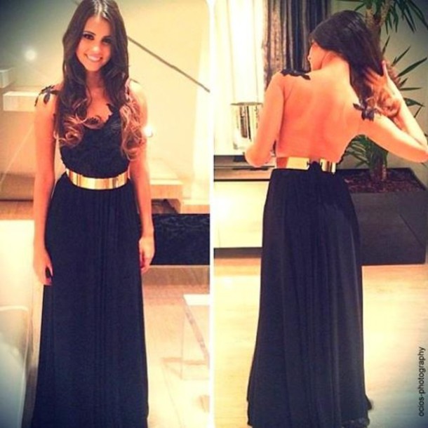 Gold Belt Prom Dresses, Black Charming Prom Dresses, Long Prom Dresses