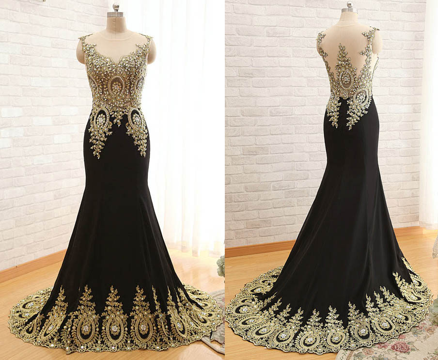 V-neck Prom Dresses , Women Chiffon Beaded Party Dress, Elegant Mermaid Dress Black Floor Length Party Gown