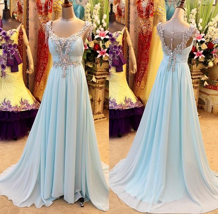 Pretty Light Blue Long Prom Dress With Beadings, Sexy Prom Dresses, Prom Dresses 2015, Formal Gown, Evening Dresses