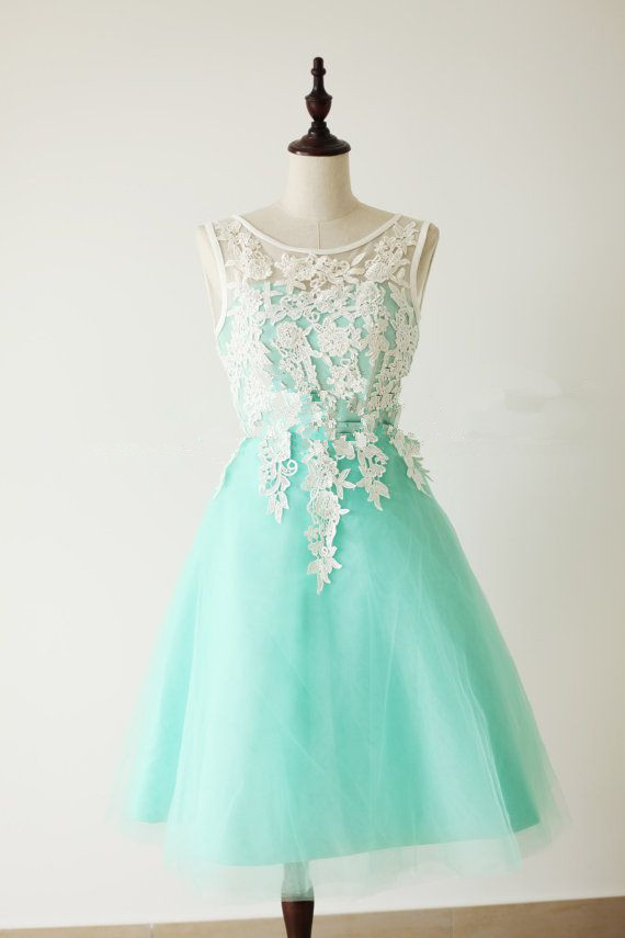 Pretty Handmade Turquoise Tulle Short Prom Dress With White Applique, Turquoise Prom Dresses, Homecoming Dresses 2015, Graduation Dress