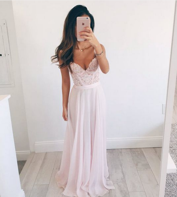 Light Pink Long Prom Dresses Elegant Aline Sweetheart Lace Long