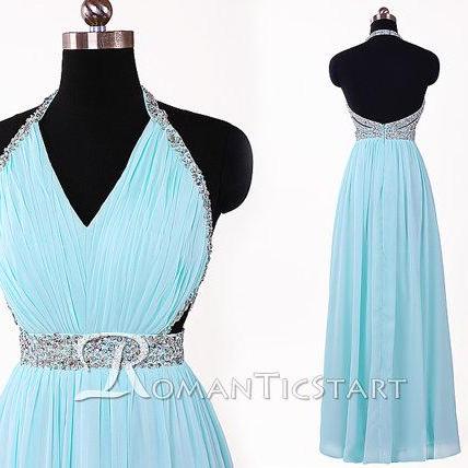 Light Blue Long Sleeves V Neck Chiffon Prom Dress, Elegant Split Long Formal Dresses C355