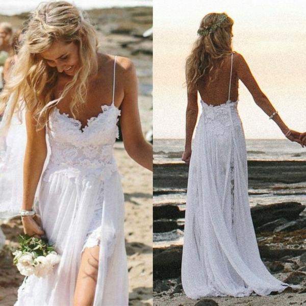 Custom Made Beach Wedding Dress, A Line Backless Lace Wedding Dresses ...