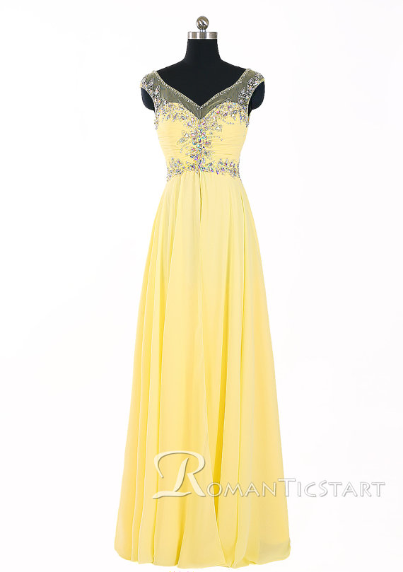 2015 Yellow V-neck Backless Chiffon Long Prom Dress With Crystals ...