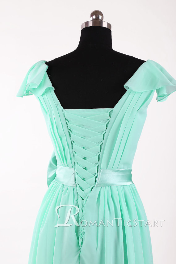 2015 Mint Blue Chiffon Long Bridesmaid Dress With Bow, Capped Short