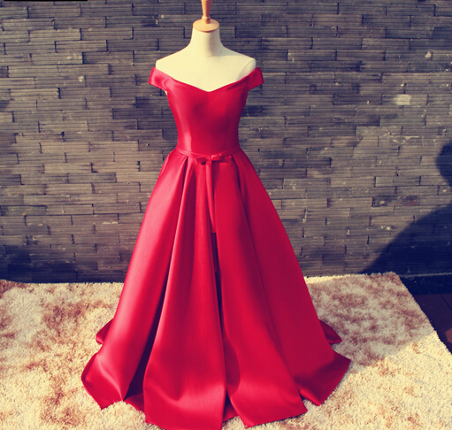 Gorgeous Red Off Shoulder Satin Long Prom Gown 2016, Red Prom Dresses